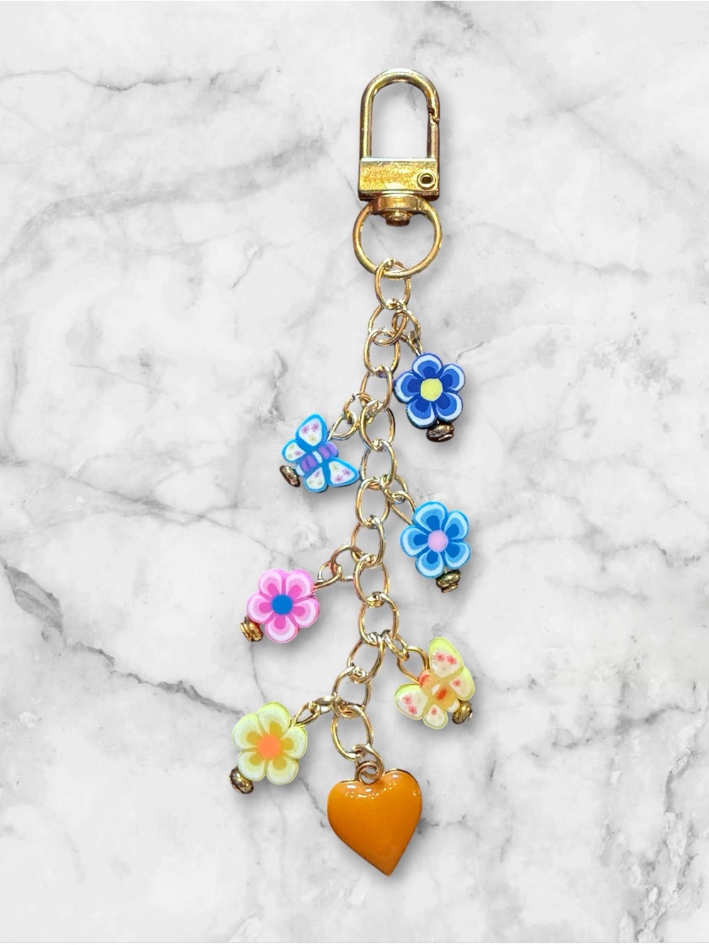Gold Chain Key Charm with Colorful Flower & Butterfly Charms